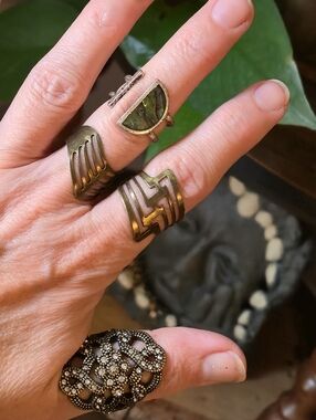Funky Boho Ring Set (4) - Open Green Stone, 2 Brass Zigzag, Brass Rhinestone